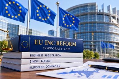 EU Inc reform and proposed European corporate law changes in Brussels, featuring EU flags, business legislation and European Parliament architecture.