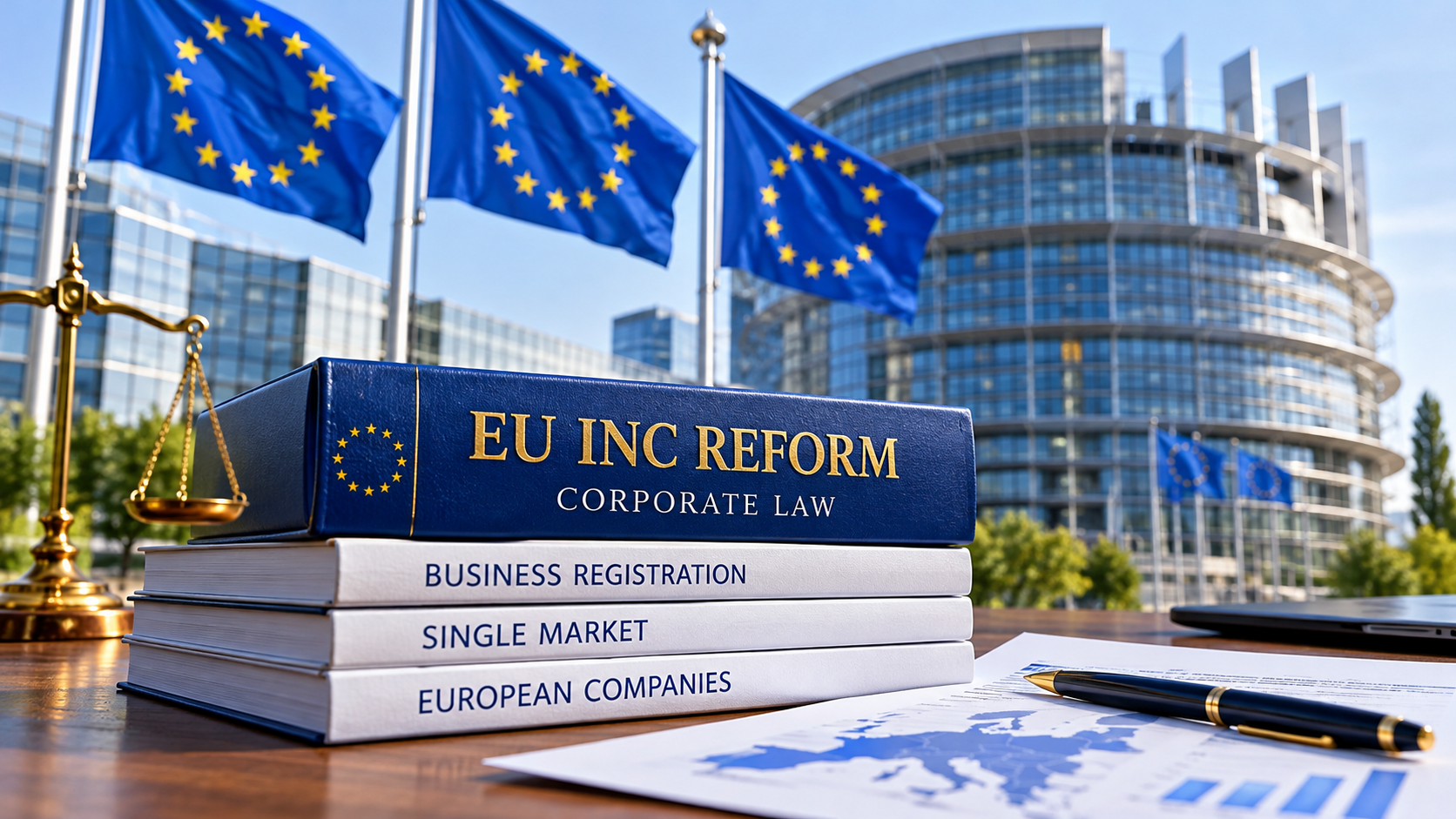 EU Inc reform and proposed European corporate law changes in Brussels, featuring EU flags, business legislation and European Parliament architecture.