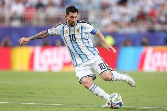 Argentina national team captain Lionel Messi celebrates his record-breaking 17th FIFA World Cup goal in 2026