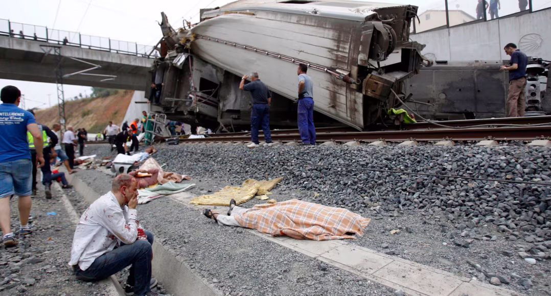Spain train derailment showing wreckage of high-speed passenger trains