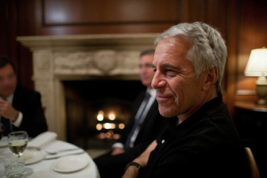 Jeffrey Epstein seated during a public appearance before his arrest in the sex trafficking case