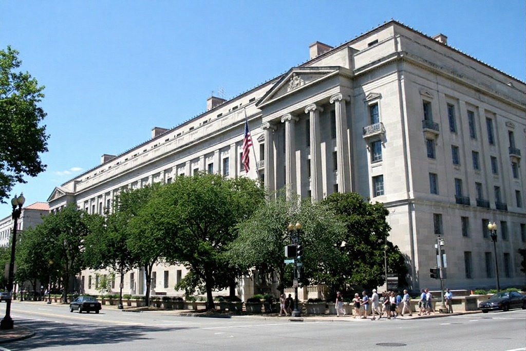 Exterior view of a US government building connected to the Justice Department and Epstein files release