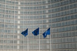 EU defence ministers meet in Brussels as European Union flags fly outside the European Commission