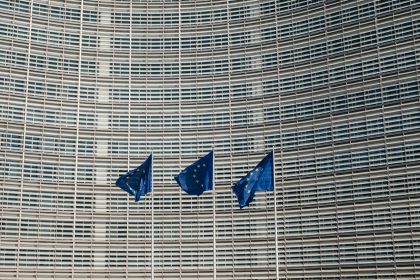 EU defence ministers meet in Brussels as European Union flags fly outside the European Commission