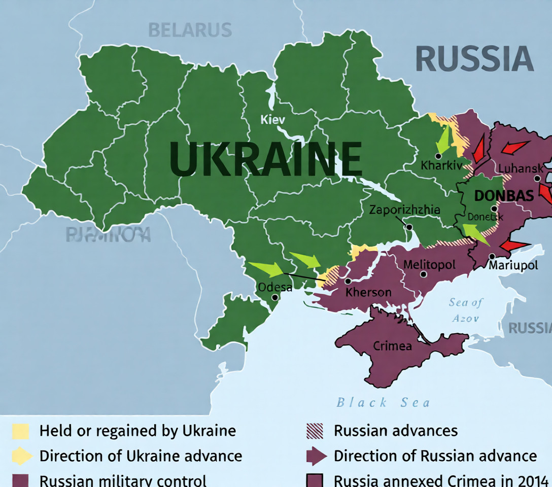 Map highlighting Russian‑occupied territories in eastern and southern Ukraine amid ongoing conflict