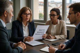 European Union officials discussing Digital Markets Act regulations for online platforms
