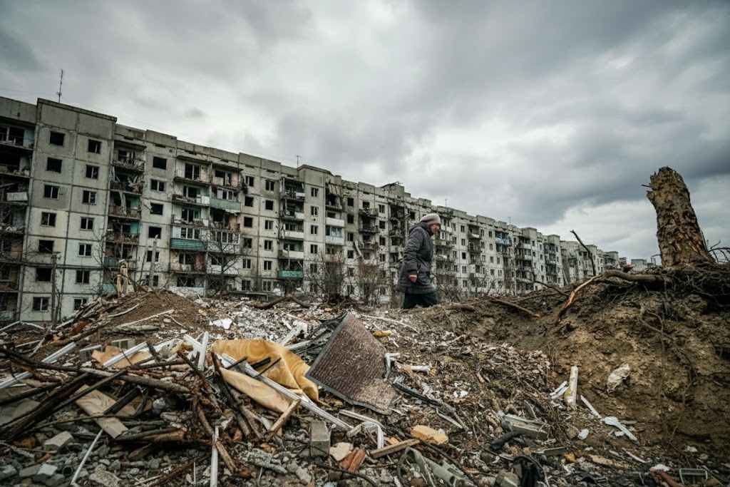 Damaged buildings in Kupiansk following fighting between Ukrainian and Russian forces