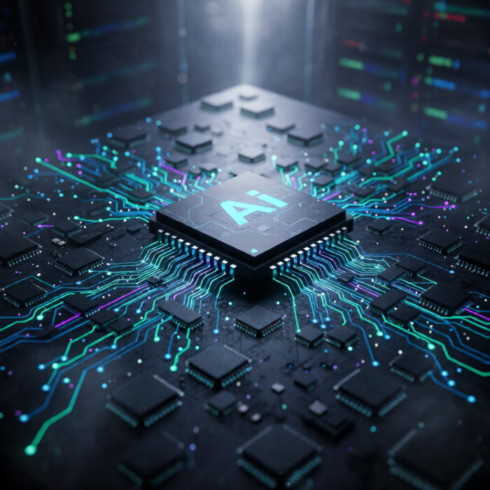Close-up of AI processor chip representing AI-driven memory and computing demands