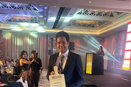Chef Dev Biswal receiving the Regional Indian Cuisine Championship award in London