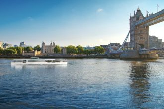 Panoramic London landmarks viewed during the Tower of London River Tour cruise