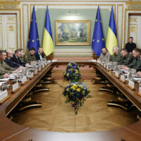 EU leaders during a high-level meeting discussing $105bn aid package for Ukraine