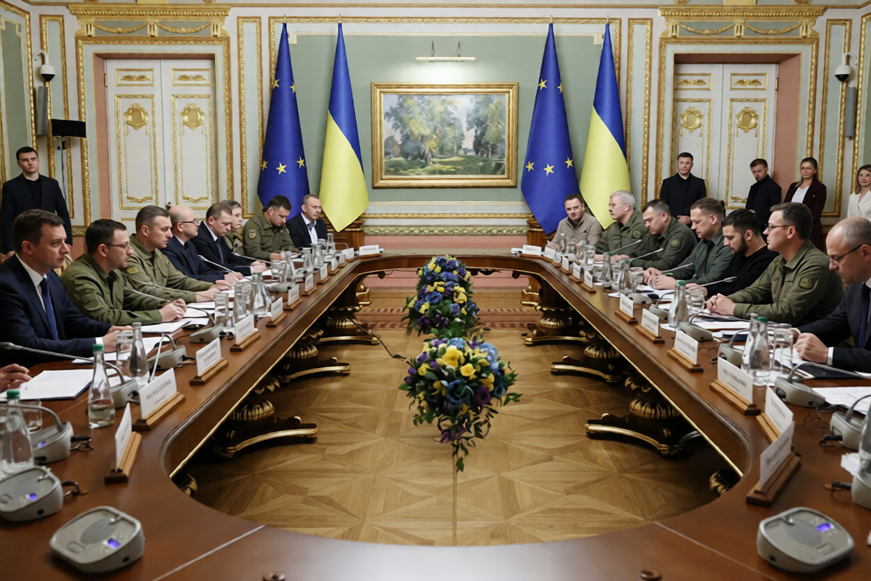 EU leaders during a high-level meeting discussing $105bn aid package for Ukraine