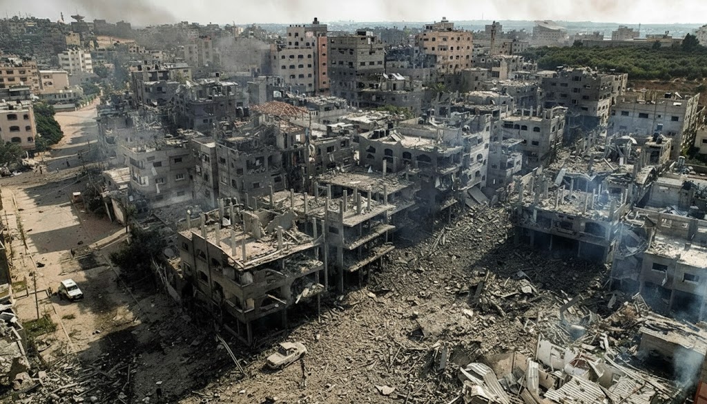 Extensive destruction in Gaza city after repeated conflict, highlighting the urgent need for ceasefire and reconstruction