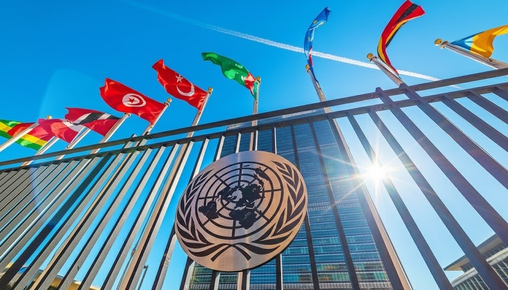 United Nations headquarters building in New York, representing international diplomatic efforts in global conflicts