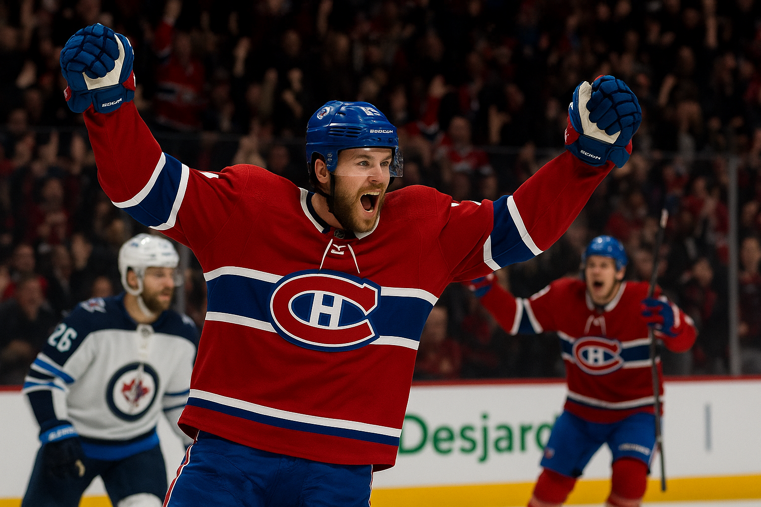 Montreal Canadiens players celebrate a dramatic comeback win on the ice.