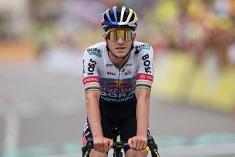 Remco Evenepoel competing in the men's individual time trial for Belgium