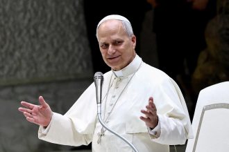 Pope Leo delivering immigration remarks at a U.S. 250th anniversary event