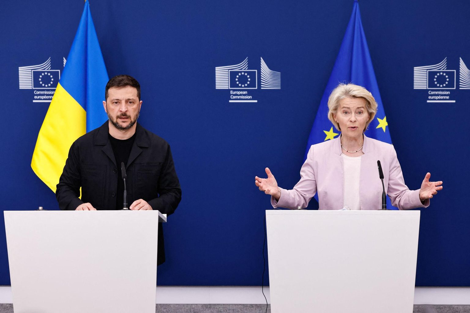 Zelensky EU funding cooperation highlighted during a Brussels press conference with Ursula von der Leyen.