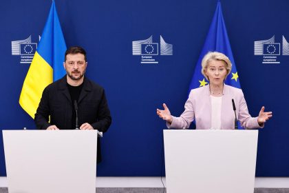 Zelensky EU funding cooperation highlighted during a Brussels press conference with Ursula von der Leyen.