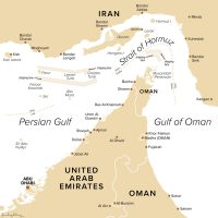Iran naval strategy map showing the strategic Strait of Hormuz shipping corridor