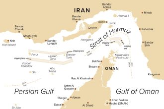 Iran naval strategy map showing the strategic Strait of Hormuz shipping corridor