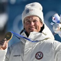 Johannes Klaebo gold medal ceremony during Milan 2026 Winter Olympics
