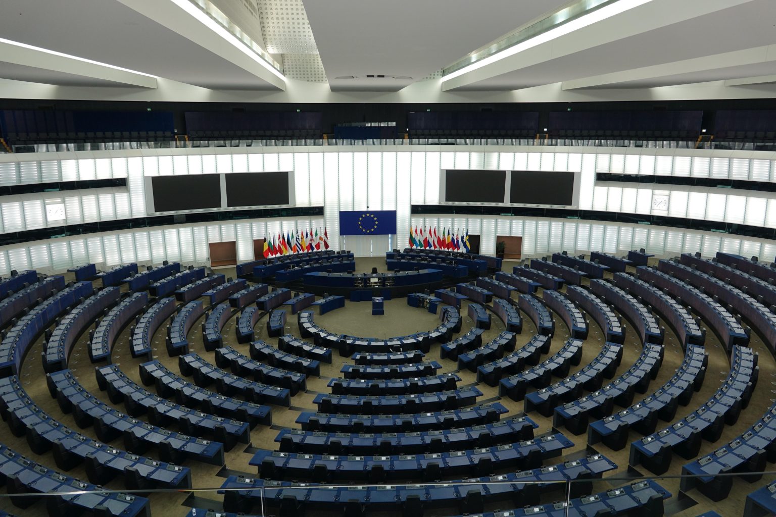 Interior of the European Parliament in Strasbourg, venue for plenary debates on EU policy.