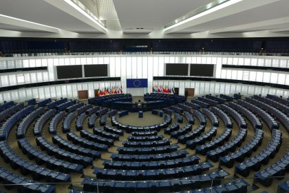 Interior of the European Parliament in Strasbourg, venue for plenary debates on EU policy.