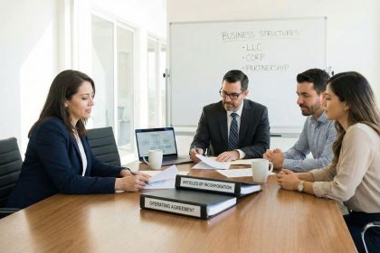 Business adviser explaining legal responsibilities to a First-Time Company Director during company formation