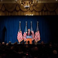 Donald Trump delivering speech amid controversy over inflammatory comments