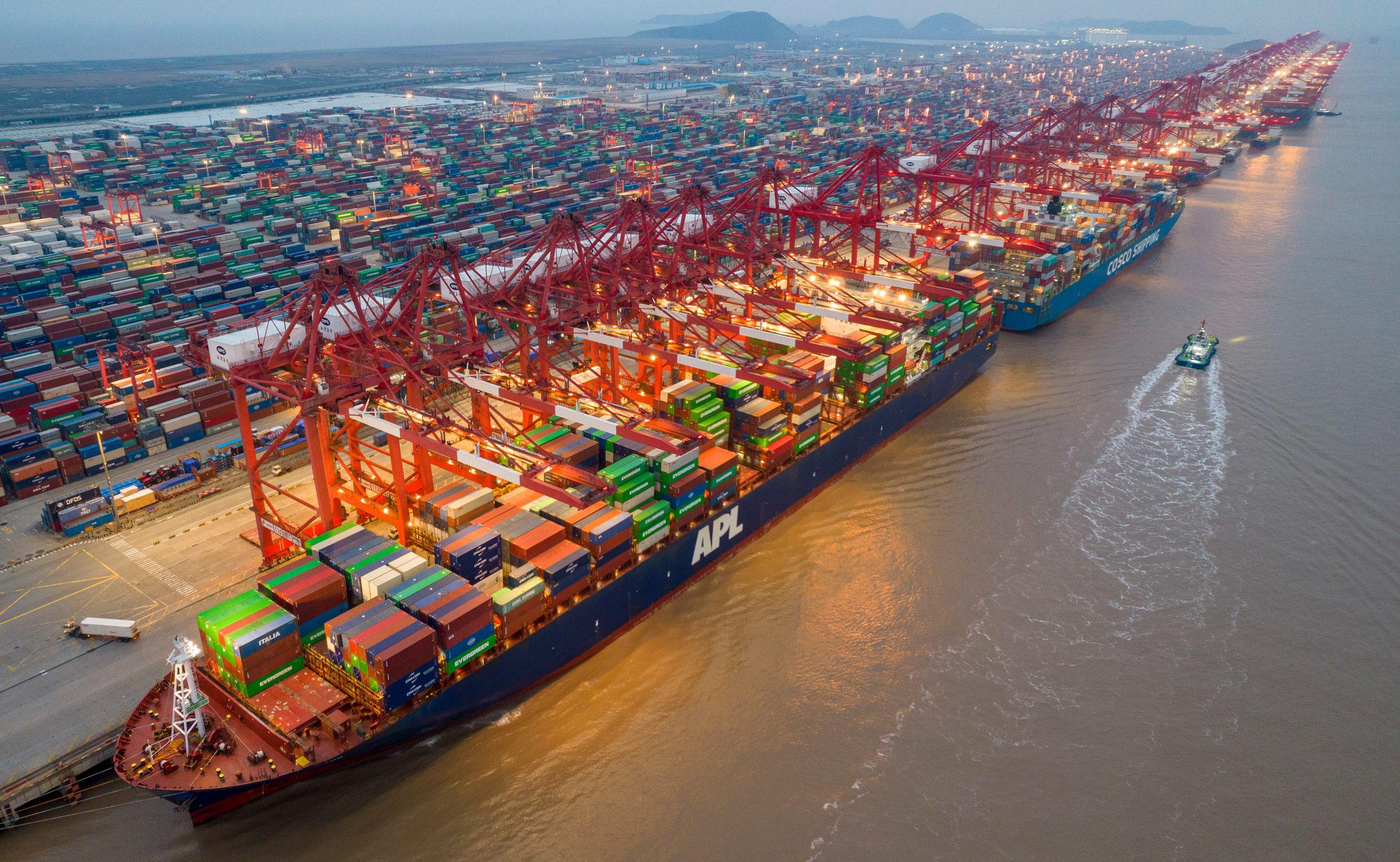 China Trade Relations and international commerce represented by container shipping at a Chinese port.