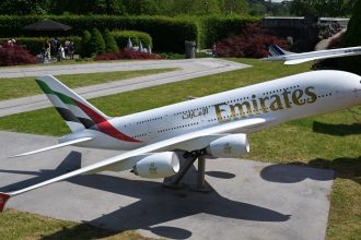Emirates A380 model displayed at Mini-Europe in Brussels