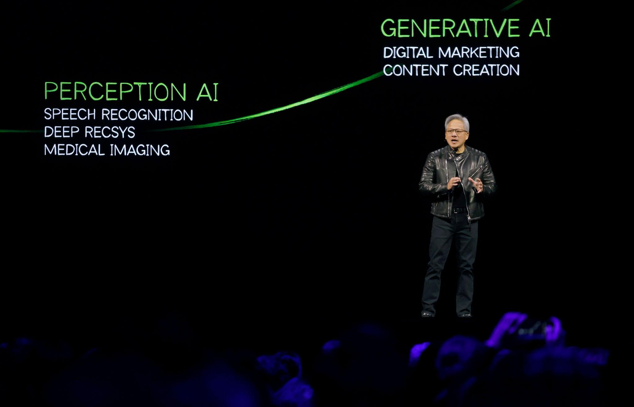 Jensen Huang presenting vision behind Nvidia AI strategy at global tech event