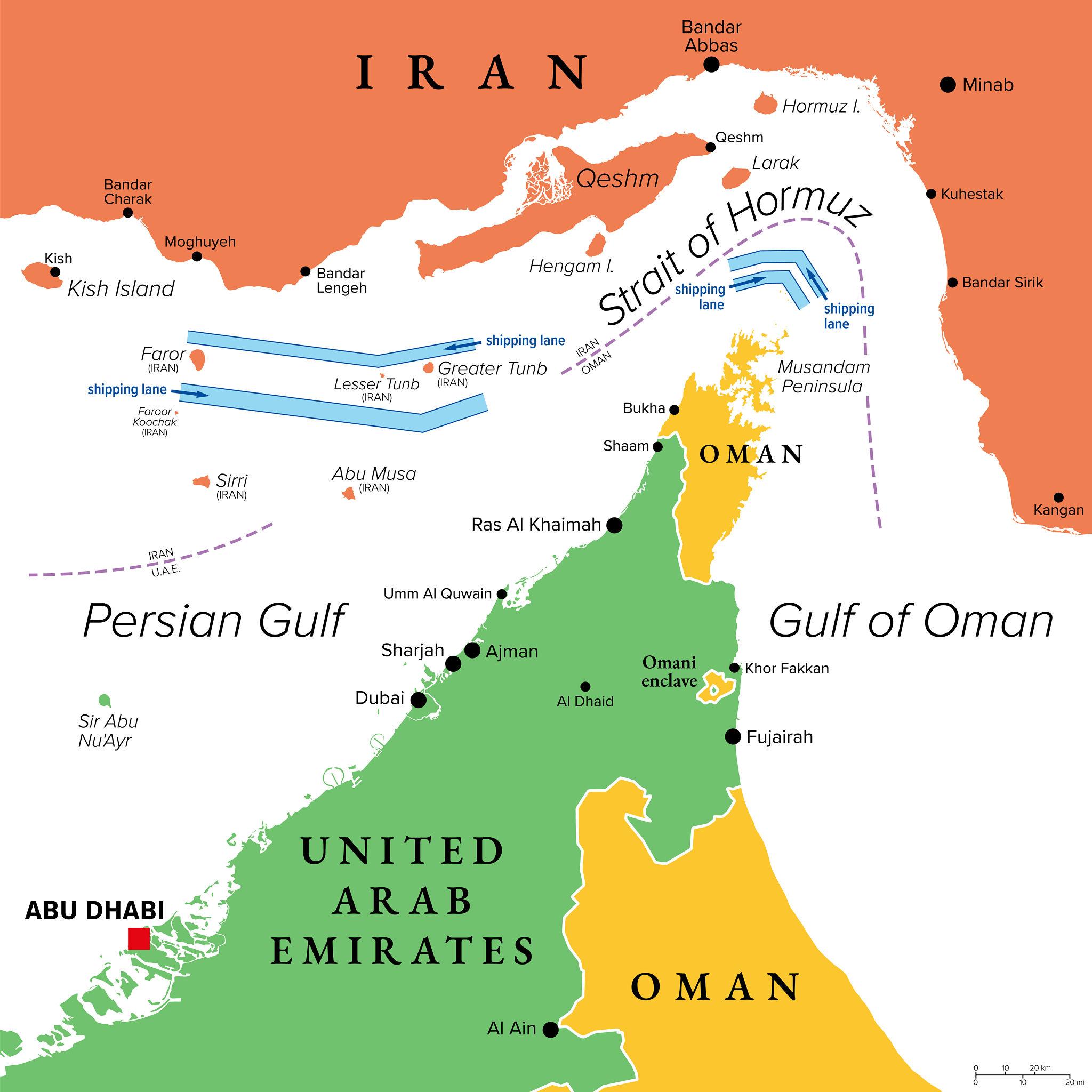 Commercial oil tankers navigating the Strait of Hormuz oil route in the Persian Gulf