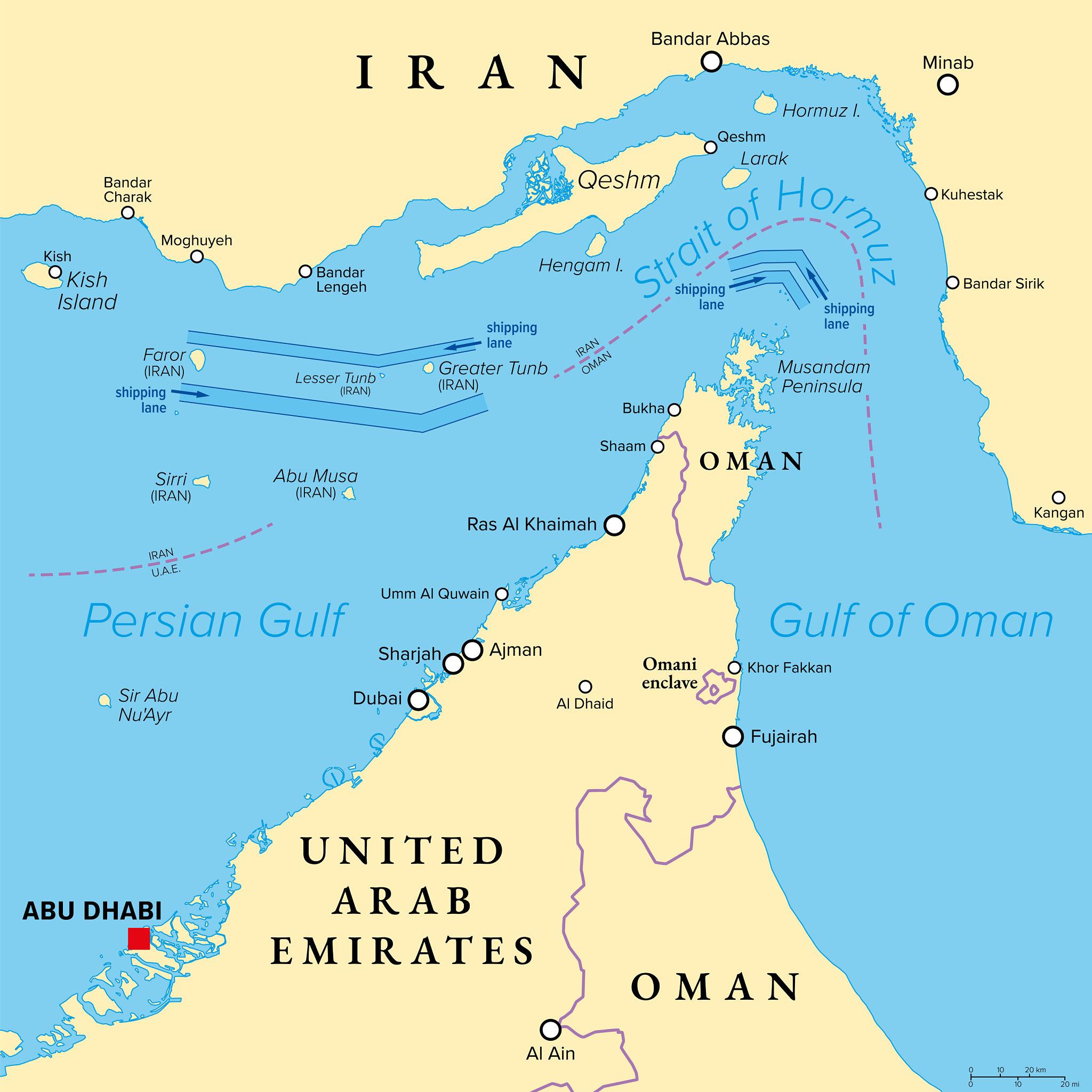Map showing the Strait of Hormuz oil route between Iran and Oman in the Persian Gulf