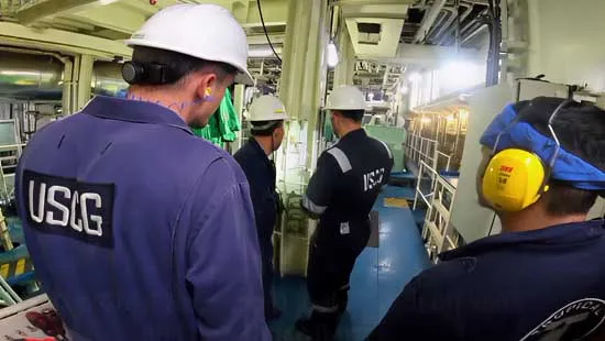 Marine engineers inspecting propulsion system after Iranian ship engine failure