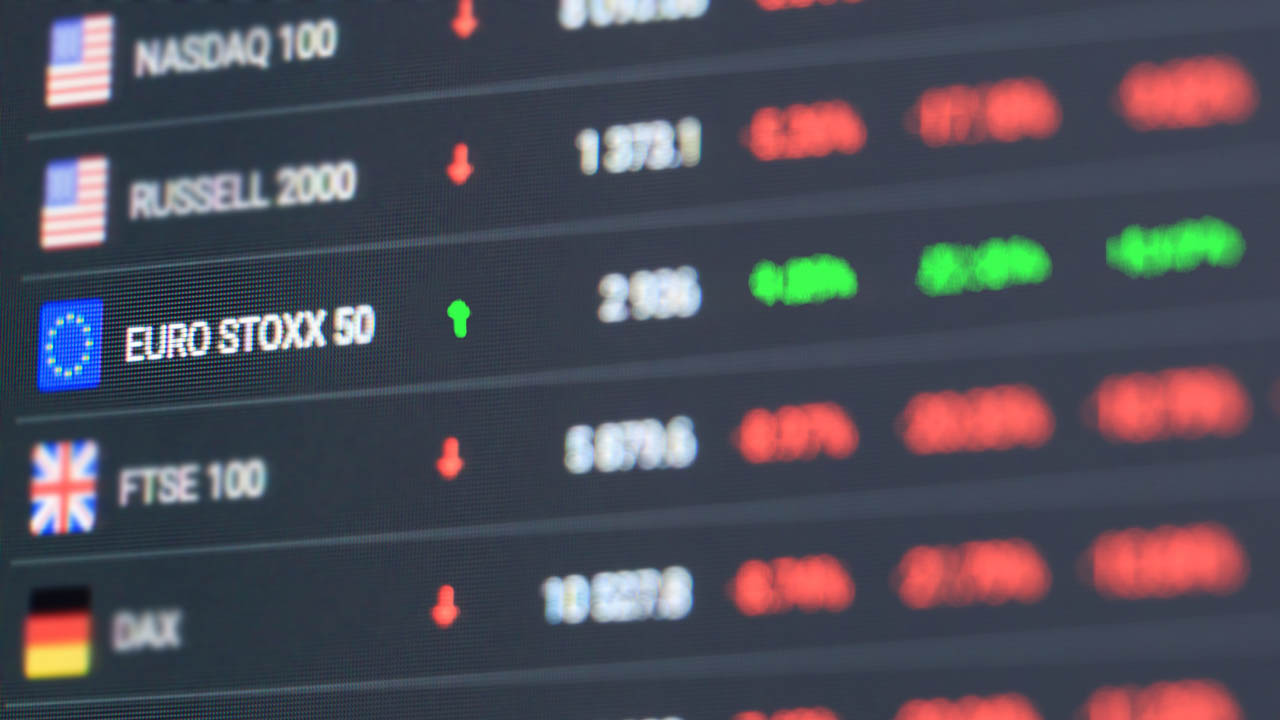 Digital market boards show stock market revenue increase across European exchanges