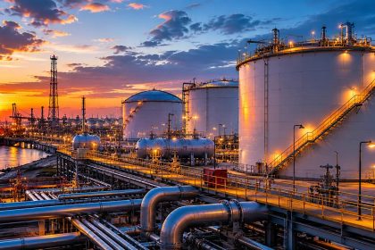Oil prices fall as Iran talks raise hopes for European energy relief, illustrated by refinery storage tanks.