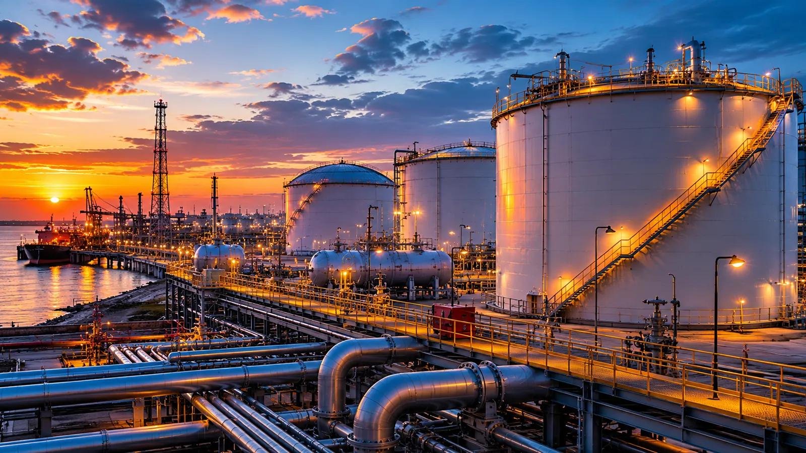 Oil prices fall as Iran talks raise hopes for European energy relief, illustrated by refinery storage tanks.