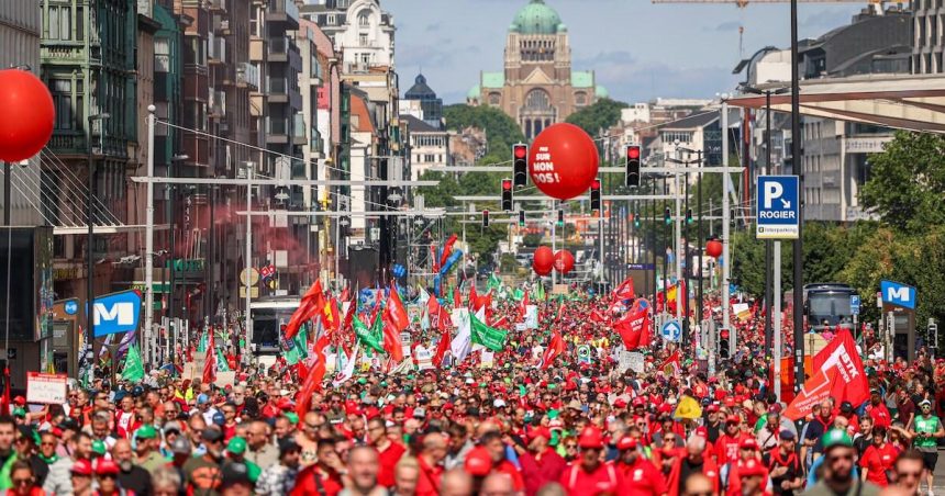 Brussels riots news illustrated by a crowd attending a previous political demonstration in the Belgian capital.